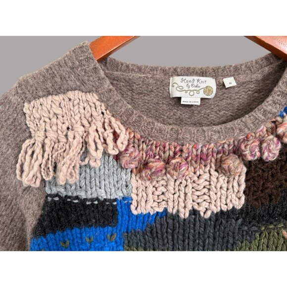 Hand Knit By Dolly Multicolor Wool Blend Patchwork Sweater With Fringe & Texture - Picture 3 of 8